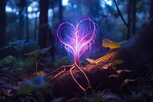 Glowing bioluminescent plant shaped like a human heart, in a mysterious forest. Generative AI photo