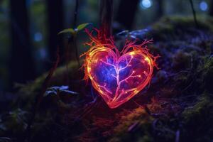 Glowing bioluminescent plant shaped like a human heart, in a mysterious forest. Generative AI photo