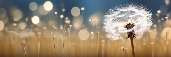 Abstract blurred nature background dandelion seeds parachute. Bokeh pattern. Generative AI photo
