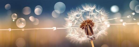 Abstract blurred nature background dandelion seeds parachute. Bokeh pattern. Generative AI photo