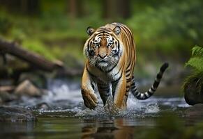 Amur tiger walking in the water. Dangerous animal.  Animal in a green forest stream. Generative AI photo