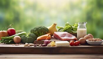 Closeup of vegetables, fruits, and meat on wooden table over green natural background. Generative AI photo