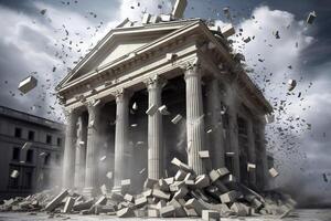 Bank collapse. A bank or financial institution, going down failing or collapsing. Generative AI photo