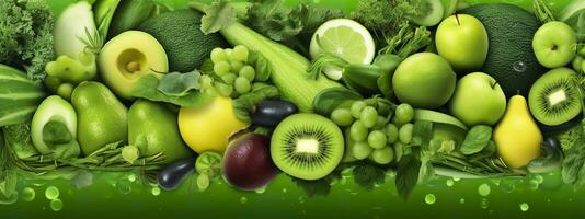 Banner layout of green fruits and vegetables. Generative AI. photo