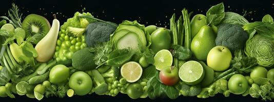 Banner layout of green fruits and vegetables. Generative AI. photo