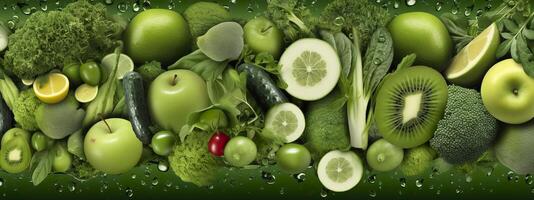 Banner layout of green fruits and vegetables. Generative AI. photo