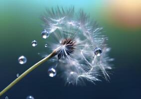 Beautiful dew drops on a dandelion seed macro. Beautiful blue background. Generative AI photo