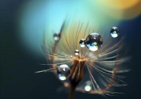 Beautiful dew drops on a dandelion seed macro. Beautiful blue background. Generative AI photo