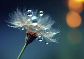 Beautiful dew drops on a dandelion seed macro. Beautiful blue background. Generative AI photo