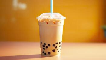 A bubble tea in a plastic cup. Generative AI photo