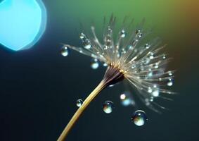 Beautiful dew drops on a dandelion seed macro. Beautiful blue background. Generative AI photo