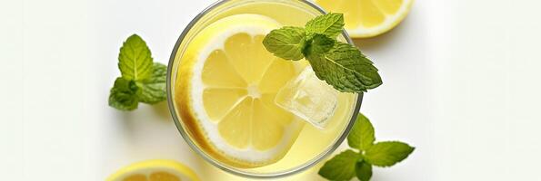 Lemonade in a glass with fresh lemons and mint. Cold summer drink with copy space. Generative AI photo