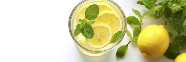 Lemonade in a glass with fresh lemons and mint. Cold summer drink with copy space. Generative AI photo