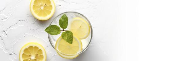 Lemonade in a glass with fresh lemons and mint. Cold summer drink with copy space. Generative AI photo