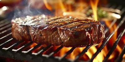 Beef ribeye steak grilling on a flaming grill. Generative AI photo