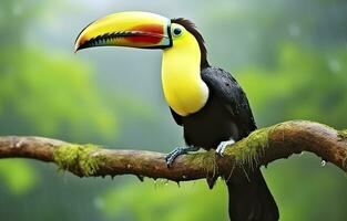 Chesnut mandibled Toucan sitting on the branch in tropical rain with a green jungle. Generative AI photo