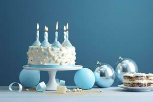 Birthday cake with candles and sweets on white table near blue wall. Generative AI photo