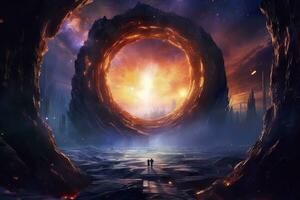 Portal to another world. Futuristic cosmic landscape with circle tunnel in starry sky. Gate in space futuristic background with galaxy and nebula. Created with Generative AI photo