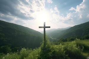 The cross of God with green Leaf, in the rays of the sun and blue sky. Cross on the hill with green trees and graeen natural view. Religious concept, AI Generative photo