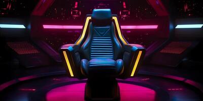 80s Inspired Captain Chair from Star Trek with Neon Lights and Cockpit Interior Background. AI Generative photo