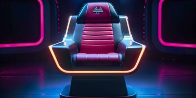 80s Inspired Captain Chair from Star Trek with Neon Lights and Cockpit Interior Background. AI Generative photo