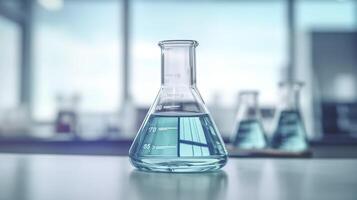 A Science Beaker in the laboratory on a table white and light blue background.. laboratory equipment out of focus. AI Generative photo