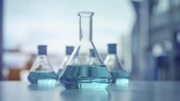 A Science Beaker in the laboratory on a table white and light blue background.. laboratory equipment out of focus. AI Generative photo