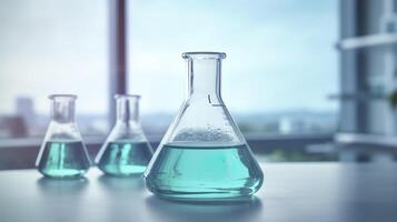 A Science Beaker in the laboratory on a table white and light blue background.. laboratory equipment out of focus. AI Generative photo