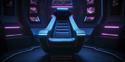 80s Inspired Captain Chair from Star Trek with Neon Lights and Cockpit Interior Background. AI Generative photo