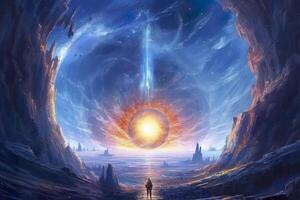 Portal to another world. Futuristic cosmic landscape with circle tunnel in starry sky. Gate in space futuristic background with galaxy and nebula. Created with Generative AI photo