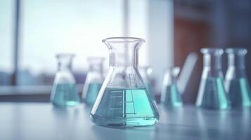 A Science Beaker in the laboratory on a table white and light blue background.. laboratory equipment out of focus. AI Generative photo