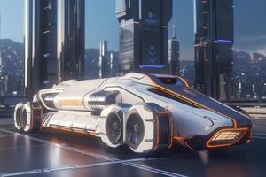 23rd Century Futuristic Truck with Hyper Modern Drive, Wide Angle Lens, and Futuristic Skyscraper in the Background. AI Generative photo
