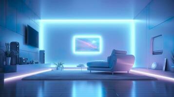 Empty Wall in a Futuristic Sci Fi Living Room with Light Yellow, Light Cyan, and Light Blue Neon. AI Generative photo