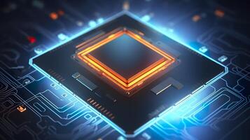 Top View of a Chip with Glowing Light and Fog in Orange and Blue. AI Generative photo