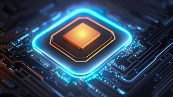 Top View of a Chip with Glowing Light and Fog in Orange and Blue. AI Generative photo