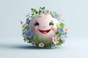 3D Cute Earth with Flower on White Background. Planet Earth Day or Environment Day Concept. AI Generative photo