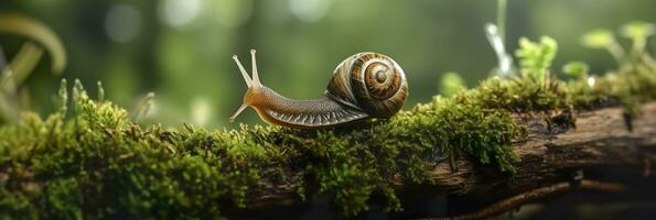 un viaje mediante el bosque. de cerca de un caracol en el bosque con natural antecedentes. ai generativo foto