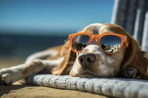 Dog Puppy wearing sunglasses, lying on a sunbed to sunbath at the beach sea on summer vacation, holidays. Funny concept. AI Generative photo