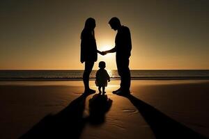 sombra de contento familia juntos, padres con su pequeño bebé a puesta de sol. un silueta de amor y unidad. ai generativo foto