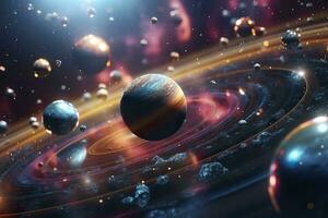 Our 3d Solar system with planets in orbits path. AI Generative photo