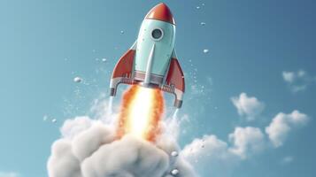 A small rocket takes off from a Laptop with vibrant color combinations in light sky blue and light gray colors for a website, business, and financial success concepts.  AI Generative photo