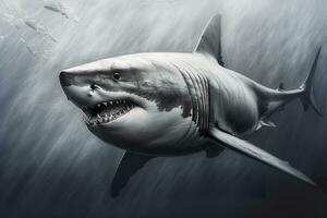 The King of the Ocean, The Great White male shark Hunter underwater view, Guadalupe island, Mexico. AI Generative photo