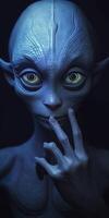 An extraordinary portrait of unknown adorable alien species over an alien finger, a style of high alien fashion. AI Generative photo