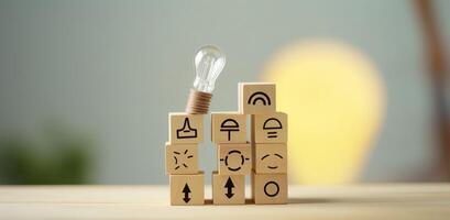 Creative idea, solution and innovation concept. Idea generation for business development. Wooden cube blocks with light bulb and cycle icons on clean background and copy space. AI Generative photo