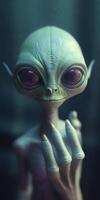 An extraordinary portrait of unknown adorable alien species over an alien finger, a style of high alien fashion. AI Generative photo