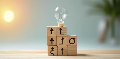 Creative idea, solution and innovation concept. Idea generation for business development. Wooden cube blocks with light bulb and cycle icons on clean background and copy space. AI Generative photo