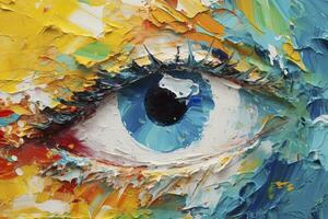 Fluorite oil painting. Conceptual abstract picture of the eye. Oil painting in colorful colors. Conceptual abstract closeup of an oil painting and palette knife on canvas. AI Generative photo