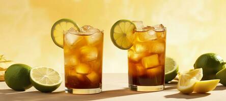 Glasses of tasty Long Island iced tea on light background. AI Generative photo