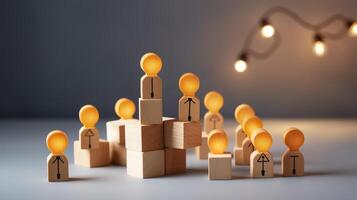 Many wooden cubes with people symbols and one with a lightbulb symbol on blue background. AI Generative photo