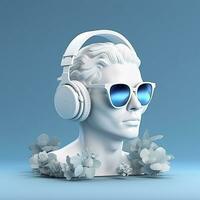 Minimal scene of sunglasses and headphones on human head sculpture, Music concept, 3d rendering. AI Generative photo